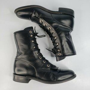 JUSTIN Lace up Roper Kiltie Womens Cowboy Boots Sz 8 B Style L506 Black Leather